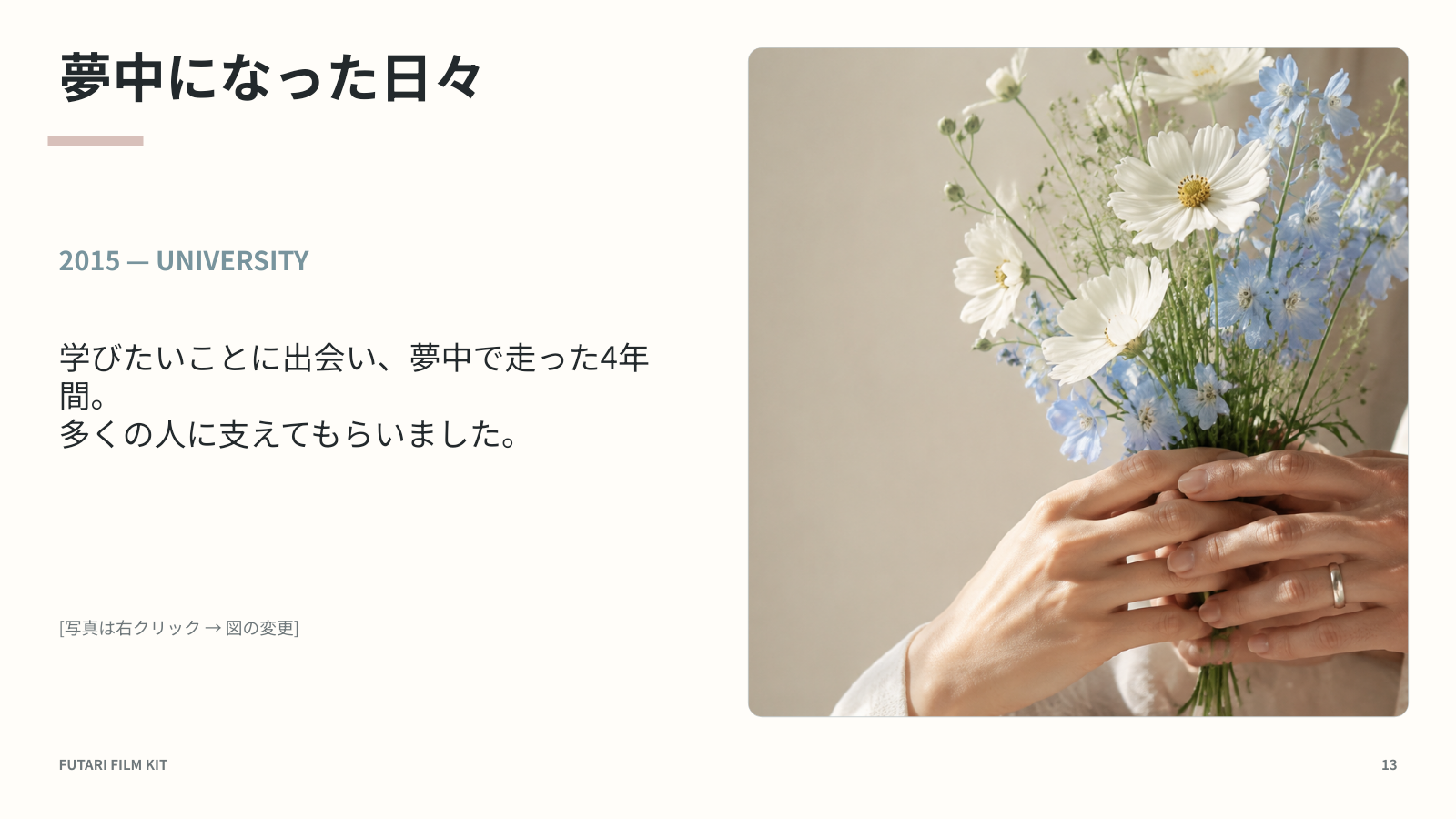 写真とメッセージを左右に配置したスライド